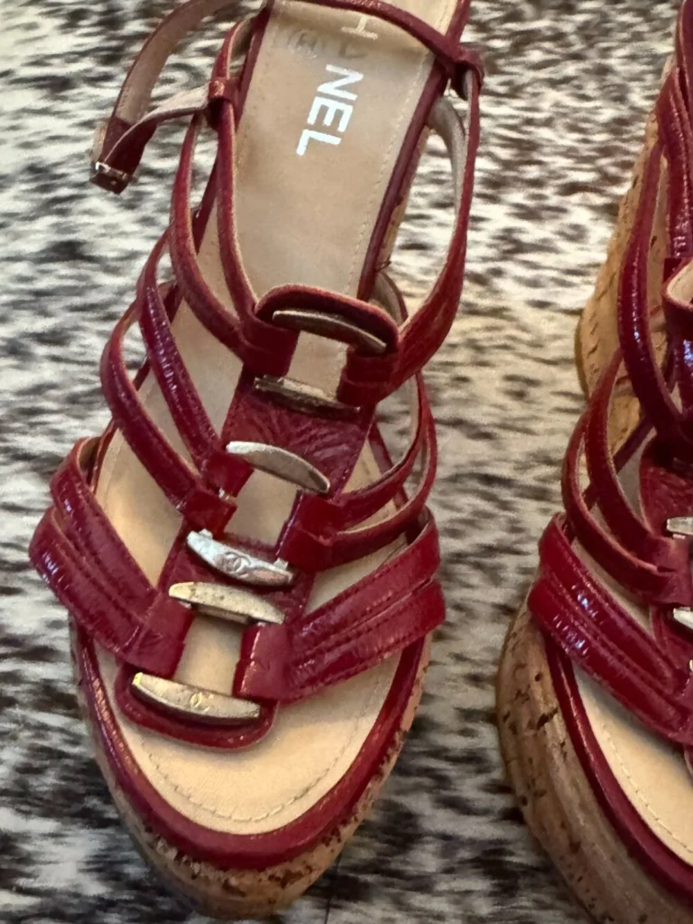Chanel Red Patent Leather Cork Platform Wedge Gladiator Sandals 37